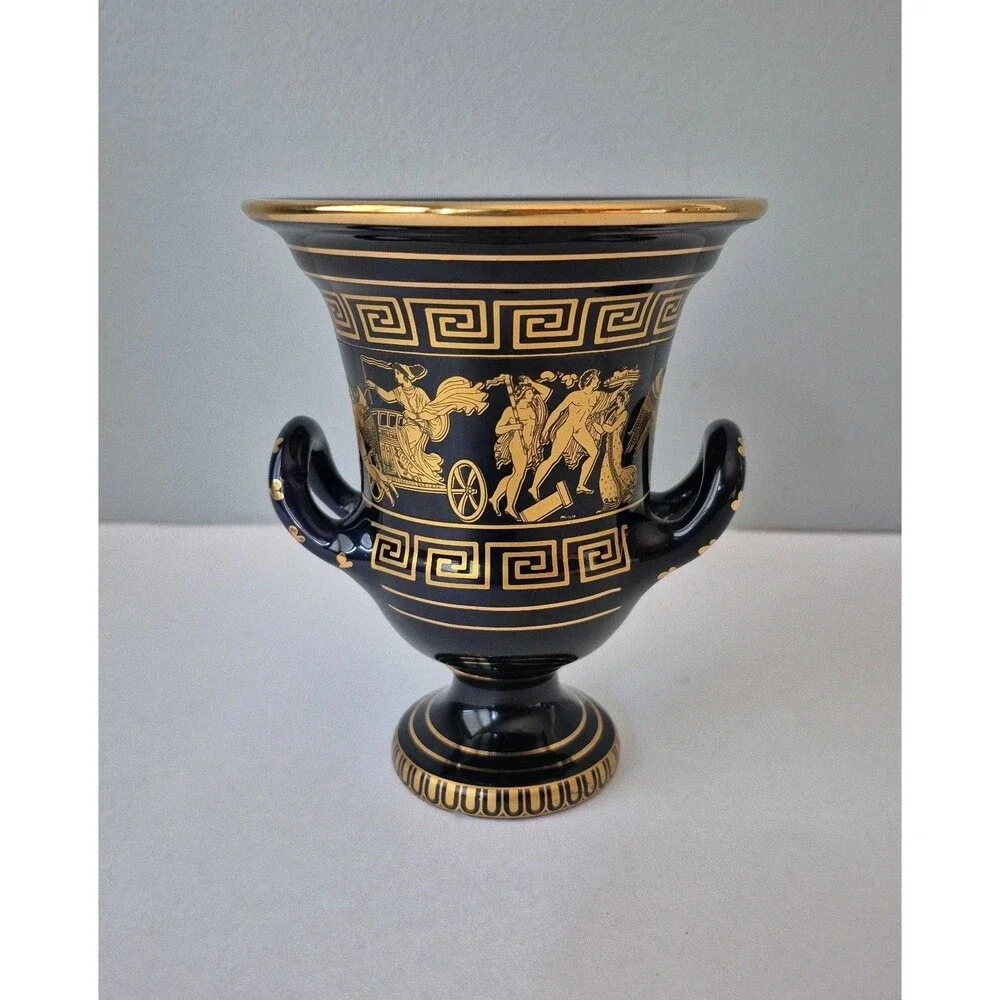 Spyropoulos Handmade Black and 24K Gold Inlay Double Handle Urn Vase 5.5 IN